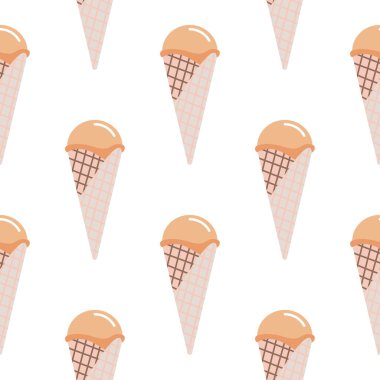 Gözleme külahında dondurma, pürüzsüz desen. Leylak ve turuncu pastel renklerde izole tasarım. Yemek arkaplanı. Ambalaj kağıdı, duvar kağıdı, tekstil baskısı ve kumaş için mükemmel. Vektör illüstrasyonu.