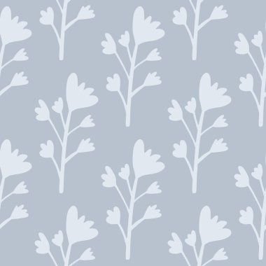 Pastel mavi, çiçek dallı, pürüzsüz desen. Basit bir tasarım. Ambalaj kağıdı, tekstil, kumaş baskısı ve duvar kağıdı için harika. Vektör illüstrasyonu.