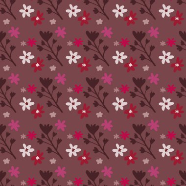 Papatya çiçekleri ve bordo renklerinde dalları olan kusursuz bir desen. Basit dekoratif fon. Duvar kağıdı, ambalaj kağıdı, tekstil baskısı, kumaş için mükemmel. Vektör illüstrasyonu.