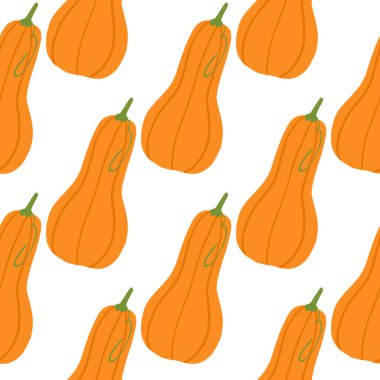 Parlak turuncu balkabaklarıyla izole edilmiş, pürüzsüz desen. Beyaz arka plan. Yemek stili arka plan. Duvar kağıdı, tekstil, ambalaj kağıdı ve kumaş baskısı için tasarlanmış. Vektör illüstrasyonu.