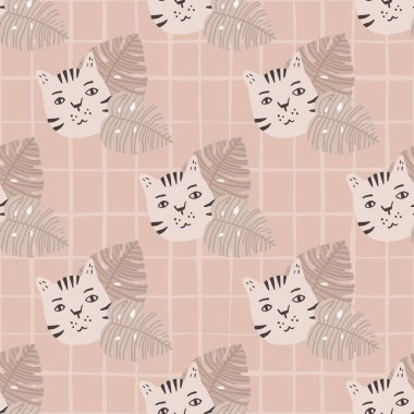 Kediler ve canavarlarla donuk, pürüzsüz bir desen. Bej arka plan ve çek. Botanik ve hayvan izleri. Duvar kağıdı, tekstil, ambalaj kağıdı ve kumaş baskısı için tasarlanmış. Vektör illüstrasyonu.