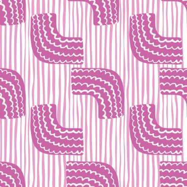 Çizgilerin arka planında soyut karalama figürleri kusursuz geometrik desenler. Vektör çizimi. Kırtasiye, ambalaj kağıdı, markalaşma, pazarlama ve çocuk kumaşı için mükemmel..