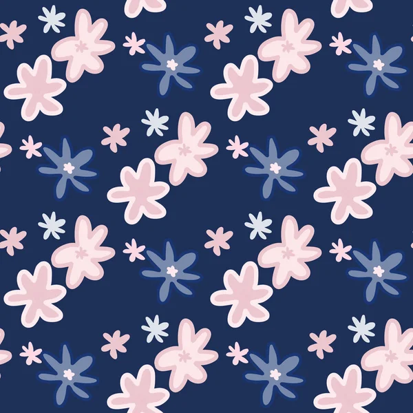 デイジー抽象的な要素を持つ花のシームレスなパターン ピンクの植物のシルエットとダークネイビーブルーの背景 テキスタイル 包装紙 ファブリックプリント用に設計されています ベクターイラスト — ストックベクタ