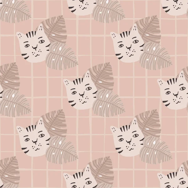 Бледный Бесшовный Рисунок Кошками Монстрами Бежевый Фон Проверкой Ботанический Животный — стоковый вектор