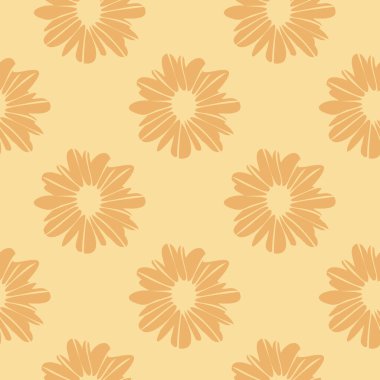 Turuncu ve sarı renkli çiçeklerle güneşli, pürüzsüz desen. Saf bir fon. Duvar kağıdı, şablon dolguları, yüzey dokuları, kumaş izleri için kullanılabilir. Vektör illüstrasyonu.