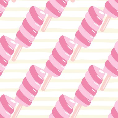 Çizgili arka planda hortum meyvesi buzu olan geometrik dikişsiz desen. Duvar kağıdı, tekstil, ambalaj kağıdı ve kumaş baskısı için tasarlanmış. Vektör illüstrasyonu.