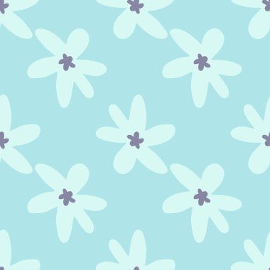Mavi renkli papatya desenli kusursuz çiçek deseni. Saf tarzda basit bir arkaplan. Kumaş, tekstil baskısı, ambalaj kağıdı ve duvar kağıdı için mükemmel. Vektör illüstrasyonu.