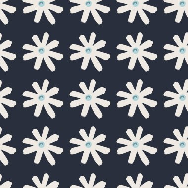 Beyaz papatyalı geometrik siluetleri olan koyu, pürüzsüz karalama deseni. Stilize edilmiş basit iz. Duvar kağıdı, ambalaj kağıdı, tekstil baskısı, kumaş için mükemmel. Vektör illüstrasyonu.