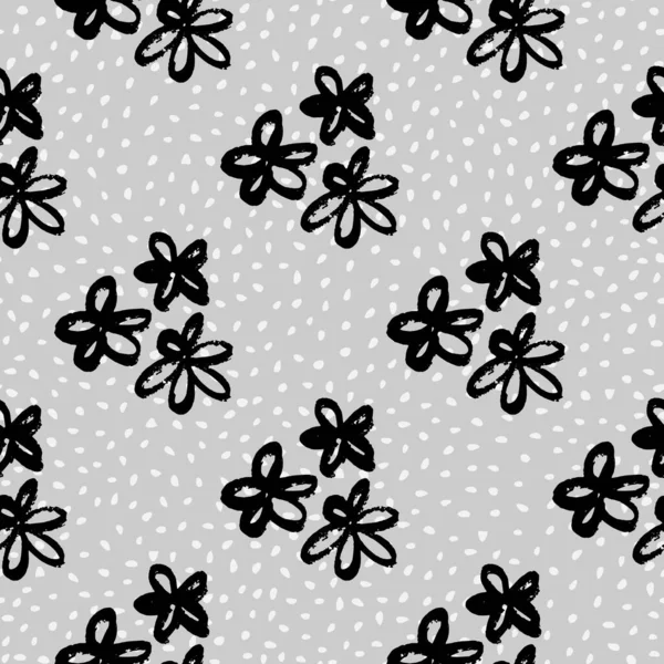 Doodle Цветочный Гранж Ромашка Бесшовный Шаблон Черные Контурные Ботанические Элементы — стоковый вектор