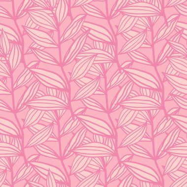 El çizimi yaprakları olan kusursuz desenli karalama. Beyaz renkli ve pembe çizgili yapraklar. Ambalaj kağıdı, tekstil, kumaş baskısı ve duvar kağıdı için harika. Vektör illüstrasyonu.
