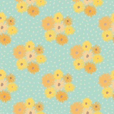 Yaz kasımpatı süslemesi kusursuz desen. Sarı ve turuncu tonlarda çiçek şekilli hafif noktalı arka plan. Duvar kağıdı, tekstil baskısı, kumaş için dekoratif baskı. Vektör illüstrasyonu.