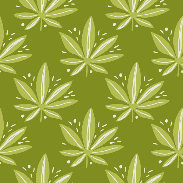 大麻留下无缝涂鸦图案 绿色和橄榄色的药印 格式化的艺术品 很好的包装纸 纺织品 织物印花和墙纸 矢量说明 — 图库矢量图片