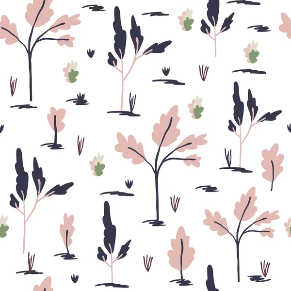 木の森のシルエットシームレスなパターン ピンクとネイビーブルーのボタニカルシルエットのホワイトの背景 包装紙 生地の印刷や壁紙のための素晴らしい ベクターイラスト — ストックベクタ