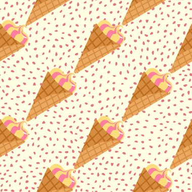 Dondurmalı, yaratıcı, kusursuz desen. Beyaz arka planda, üzerinde noktalar olan dondurulmuş krema külahında. Duvar kağıdı, ambalaj kağıdı, tekstil baskısı, kumaş için dekoratif zemin. Vektör illüstrasyonu.