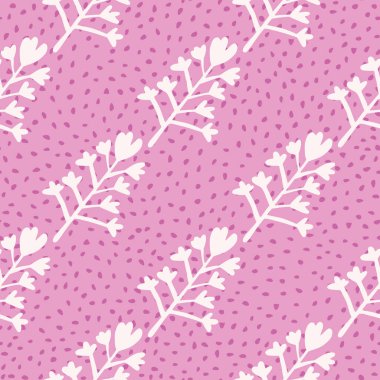 Çiçekli süslemeli doğal vektör deseni. Beyaz botanik siluetleri, üzerinde noktalar olan parlak leylak arkaplanı. Duvar kağıdı, ambalaj kağıdı, tekstil baskısı, kumaş için dekoratif zemin.