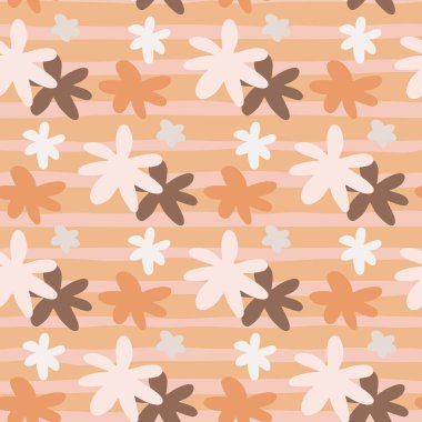 Pastel kahverengi ve bej vektörsüz papatya çiçekli desen. Arka planda rastgele bulunan botanik elementleri. Kumaş tasarımı, tekstil, ambalaj, kapak, duvar kağıdı için yaratıcı baskı.