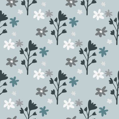 Çiçekli süslemeler, papatya ve çiçek dallarıyla desenli. Pastel açık mavi arkaplan. Koyu gri botanik elementleri. Duvar kağıdı, ambalaj kağıdı, tekstil baskısı, kumaş için dekoratif zemin.