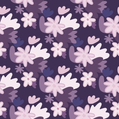 Papatya çayı soyut şekilli rastgele, dikişsiz çiçek deseni. Mor, pembe, beyaz tonlarda botanik arka planı. Ambalaj kağıdı, tekstil, kumaş baskısı ve duvar kağıdı için harika. Vektör illüstrasyonu.