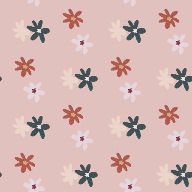 Pastel, soluk, pürüzsüz desenli, çiçek şekilli. Mavi ve kırmızı çiçekli pembe arka plan. Duvar kağıdı, ambalaj kağıdı, tekstil baskısı, kumaş için dekoratif zemin. Vektör illüstrasyonu.
