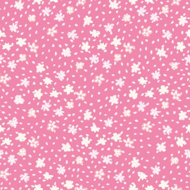 Papatya çayı figürleri pürüzsüz. Noktalı parlak pembe arka plan ve beyaz botanik elementleri. Duvar kağıdı, ambalaj kağıdı, tekstil baskısı, kumaş için mükemmel. Vektör illüstrasyonu.