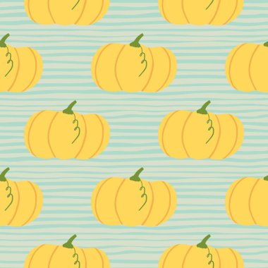 Elle çizilmiş sonbahar dikişsiz balkabağı deseni. Açık turuncu elementler mavi arka planda şeritli. Duvar kağıdı, ambalaj kağıdı, tekstil baskısı, kumaş için mükemmel. Vektör illüstrasyonu.