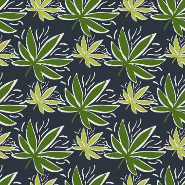 Lacivert arka planda bitmeyen kenevir yaprakları olan kusursuz bir desen. Yeşil ton elementleri. Duvar kağıdı, ambalaj kağıdı, tekstil baskısı, kumaş için dekoratif zemin. Vektör illüstrasyonu.