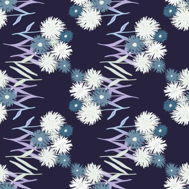 Beyaz ve lacivert soyut üfleme topu buketi ile elle çizilmiş pürüzsüz desen. Karanlık arka plan. Basit bir tasarım. Ambalaj kağıdı, tekstil, kumaş baskısı ve duvar kağıdı için harika. Vektör illüstrasyonu.