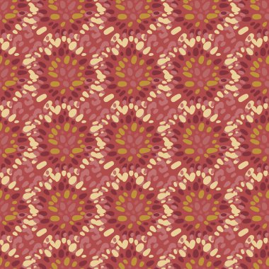 Noktalı daireleri olan kabilenin kusursuz deseni. Kestane rengi Afrikalı elementler. Basit geometri arkaplanı. Duvar kağıdı, tekstil, ambalaj kağıdı ve kumaş baskısı için tasarlanmış. Vektör illüstrasyonu.