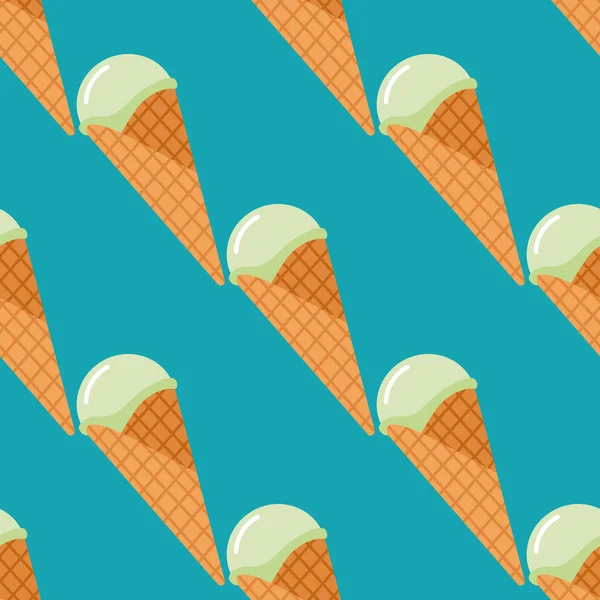 Waffle Külahında Dondurma Olan Parlak Pürüzsüz Bir Desen Mavi Arka — Stok Vektör