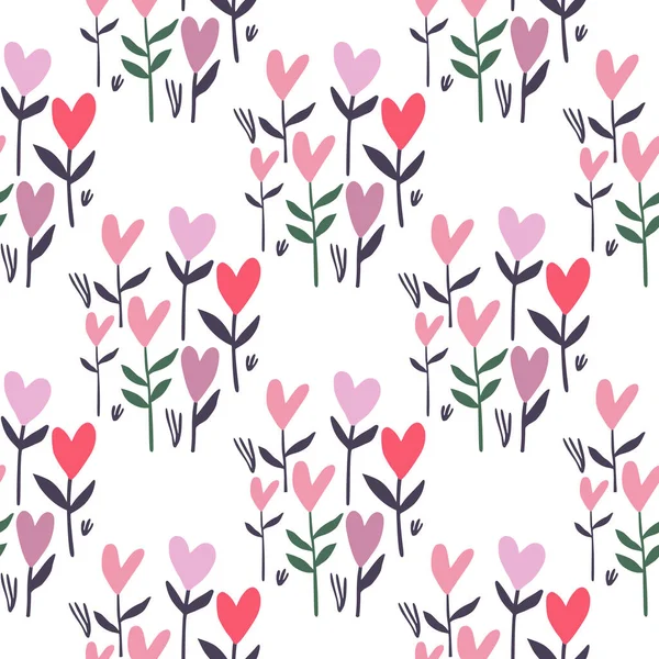 Seamless pattern with heart flowers. Love theme. Isolated backdrop with pink and lilac tones ornament. Great for wrapping paper, textile, fabric print and wallpaper. Vector illustration.