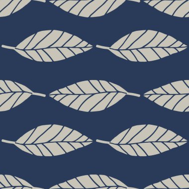 Çiçeksiz desenli geometrik çizgili yapraklar. Lacivert arka planda gri renkli botanik elementleri. Ambalaj kağıdı, duvar kağıdı, tekstil baskısı ve kumaş için dekoratif arkaplan.