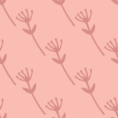 Soyut çiçekli siluetleri olan pürüzsüz pembe tonlu pastel. Botanik basit bir arkaplan. Duvar kağıdı, ambalaj kağıdı, tekstil baskısı, kumaş için dekoratif baskı. Vektör illüstrasyonu.