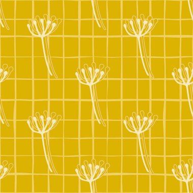 Beyaz çizgili karahindiba figürlü parlak yaz çiçekleri. Sarı arka plan, tamam. Ambalaj kağıdı, tekstil, kumaş baskısı ve duvar kağıdı için harika. Vektör illüstrasyonu.