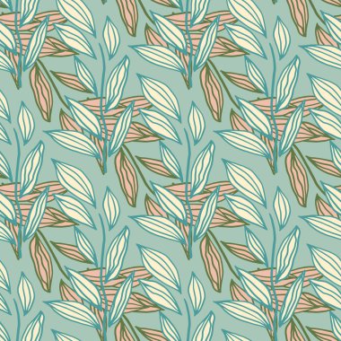 Yaratıcı pastel desenli, soyut şekilli yaprak dalları olan karalama deseni. Mavi ve turuncu tonlarda sanat eserleri. Duvar kağıdı, ambalaj, tekstil baskısı, kumaş için dekoratif zemin. Vektör