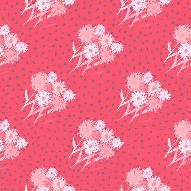 Yumuşak pembe karahindiba buketi siluetleriyle kusursuz botanik desenleri. Noktalı parlak bir arka plan. Bahar arkaplanı. Ambalaj kağıdı, tekstil, kumaş baskısı ve duvar kağıdı için harika. Vektör illüstrasyonu.