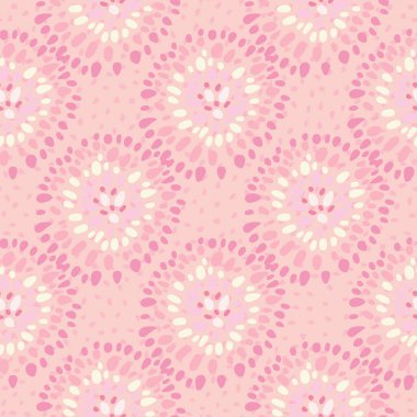 Noktalı daireler, Afrikalı kusursuz karalama desenleri. Pembe ve beyaz palette vahşi ulusal süs. Duvar kağıdı, tekstil, ambalaj kağıdı ve kumaş baskısı için tasarlanmış. Vektör illüstrasyonu.