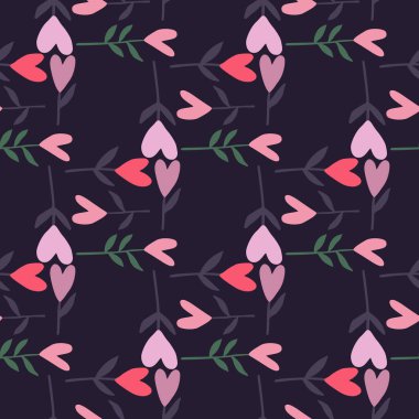 Kalpleri olan dallar. Koyu, pürüzsüz karalama desenleri. Pembe ve leylak renkleri siyah arkaplanda. Duvar kağıdı, tekstil, ambalaj kağıdı, kumaş baskısı için dekoratif baskı. Vektör illüstrasyonu.