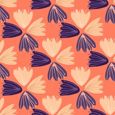 Sarı ve mor renkli lale tomurcukları pürüzsüz. Yumuşak mercan zemin. Basit bir arkaplan. Duvar kağıdı, tekstil, ambalaj kağıdı, kumaş baskısı için mükemmel. Vektör illüstrasyonu.