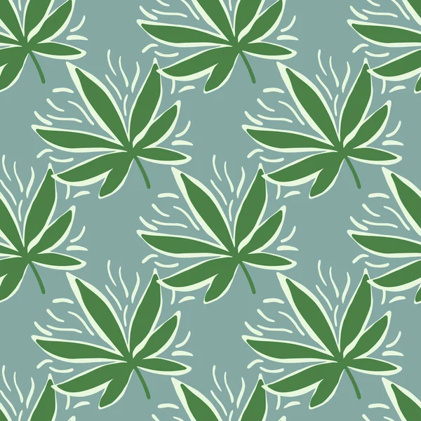 Marijuana Grönt Lämnar Enkla Sömlösa Mönster Gröna Växtbaserade Silhuetter Blå — Stock vektor