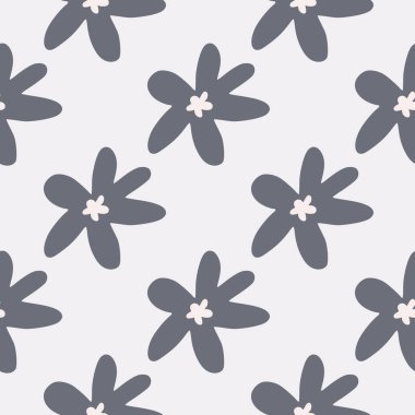 Minimalist çiçekli papatya deseni. Açık arkaplanda koyu mor botanik elementler. Kumaş, tekstil baskısı, ambalaj kağıdı ve duvar kağıdı için mükemmel. Vektör illüstrasyonu.
