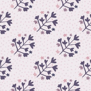 Çiçeksel mor süslemeli bitkisel, pürüzsüz desen. Noktalı açık leylak fırını. Yaratıcı tasarım. Ambalaj kağıdı, tekstil, kumaş baskısı ve duvar kağıdı için harika. Vektör illüstrasyonu.