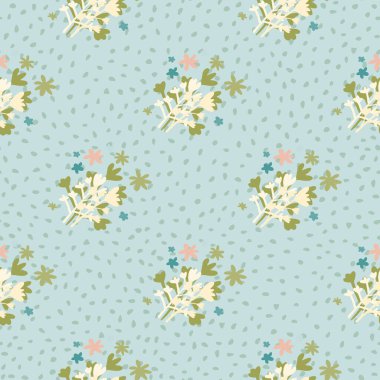 Saf, pürüzsüz desenli, yeşil ve beyaz soyut çiçek süsü. Noktalı mavi arka plan. Tekstil, duvar kağıdı, yüzey tasarımı, kart, düğün davetiyeleri için vektör illüstrasyonu.
