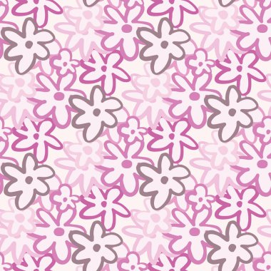 Yay dikişsiz papatya çayı deseni. Pembe, eflatun ve mor renkli siluetler. Duvar kağıdı, ambalaj kağıdı, tekstil baskısı, kumaş için dekoratif zemin. Vektör illüstrasyonu.