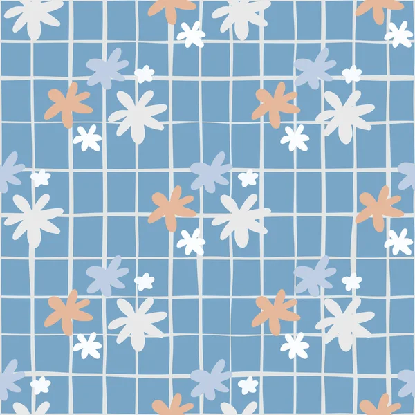 Nahtloses Botanisches Muster Mit Gänseblümchenblümchen Blauer Hintergrund Mit Karo Einfache — Stockvektor