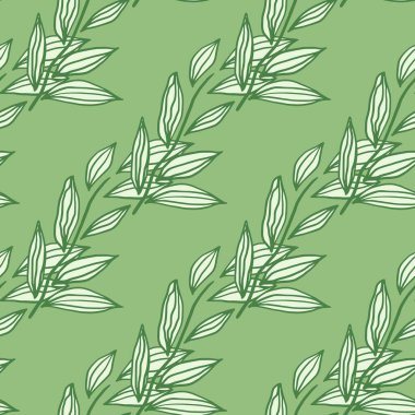 Pastel dikişsiz karalama desenli, yapraklı şekilli. Açık yeşil arkaplanda beyaz çiçek desenli bir süs. Duvar kağıdı, tekstil, ambalaj kağıdı ve kumaş baskısı için tasarlanmış. Vektör