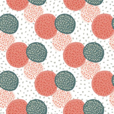 Kusursuz nokta daireler çiziyor. Beyaz noktalı arka plan, pembe, kırmızı ve gri renkli geometrik süslemeler. Duvar kağıdı, tekstil, ambalaj kağıdı, kumaş baskısı için tasarım. Vektör illüstrasyonu.