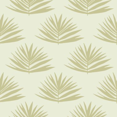 Tropik yapraklar pürüzsüz ve pastel arkaplan renginde. Bej yeşillik. Basit bir çiçek arkaplanı. Ambalaj kağıdı, tekstil, kumaş baskısı ve duvar kağıdı için harika. Vektör illüstrasyonu.