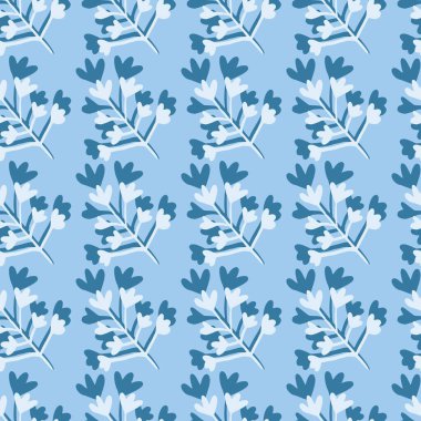 Botanik figürleriyle kışın kusursuz karalama şekli. Mavi ve beyaz renklerde basit yaratıcı tasarım. Duvar kağıdı, ambalaj, tekstil baskısı, kumaş için dekoratif zemin. Vektör illüstrasyonu.