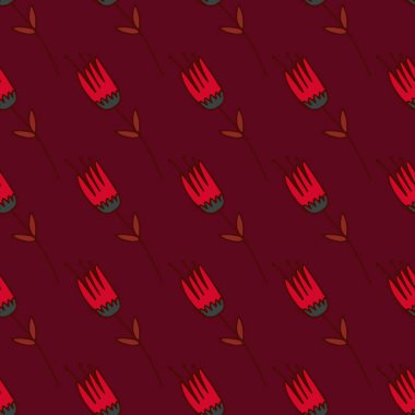 Parlak lale siluetleri soyut, dikeni olmayan çiçek desenleri. Burgonya arka planında kırmızı botanik elementleri. Duvar kağıdı, ambalaj kağıdı, tekstil baskısı, kumaş için dekoratif baskı. Vektör illüstrasyonu.