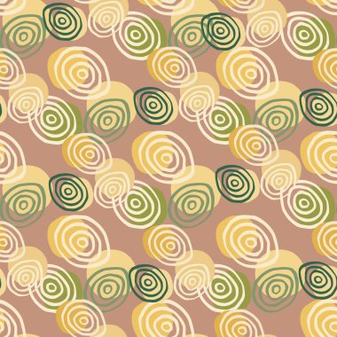 Pastel spiral daireler elle çizilmiş, pürüzsüz desen. Yumuşak zemin üzerinde yeşil ve sarı renkler olan soyut süs. Duvar kağıdı, tekstil, ambalaj kağıdı, kumaş baskısı için tasarım. Vektör illüstrasyonu.